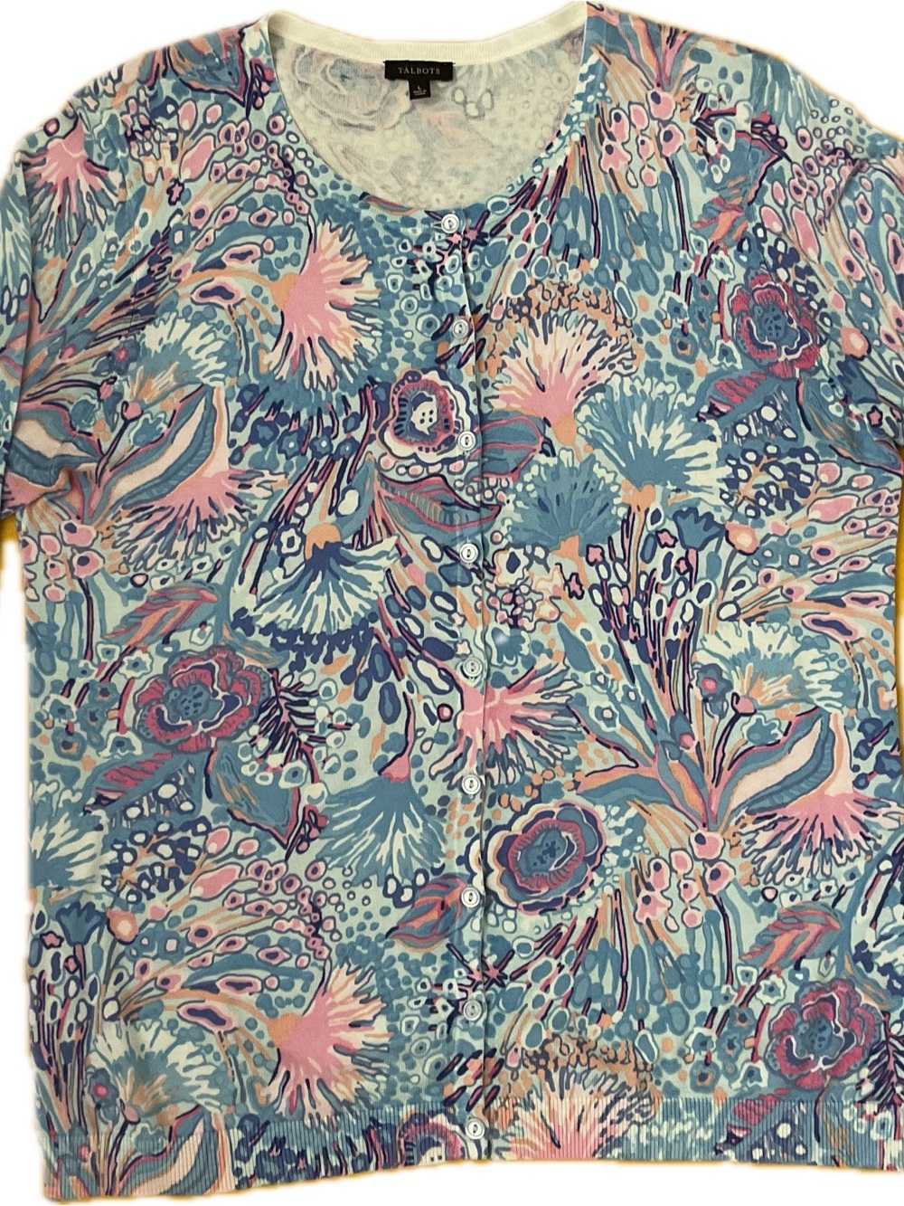 Talbot Blue & White Floral Twin Set Cardigan & Shell - Size Large - 3/4 Sleeve